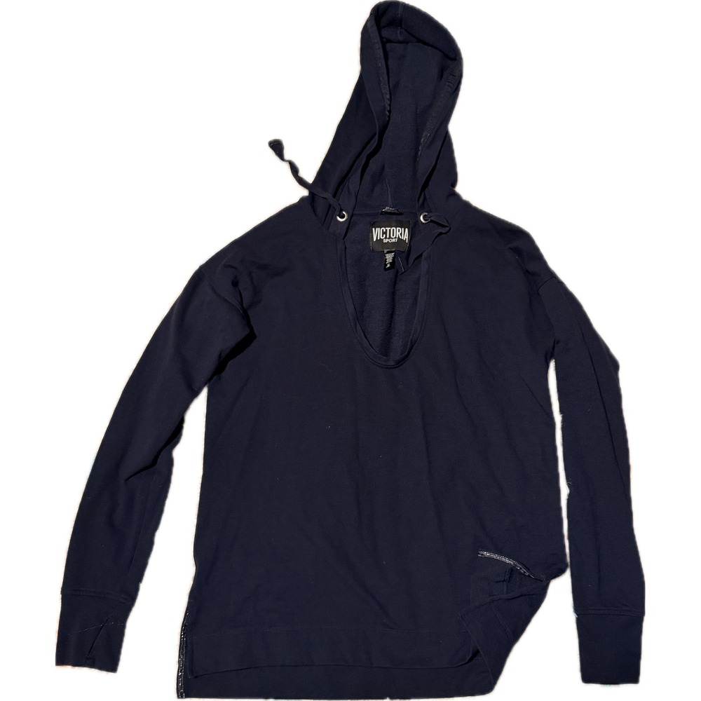 Victoria Sport Navy Blue Scoop Neck Hoodie Side slits Sweatshirt Small